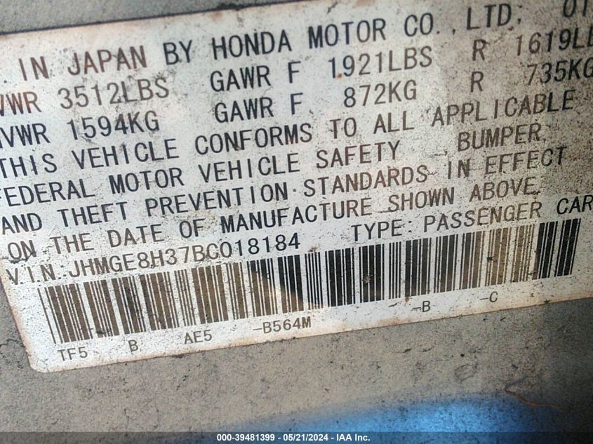 2011 Honda Fit VIN: JHMGE8H37BC018184 Lot: 39481399