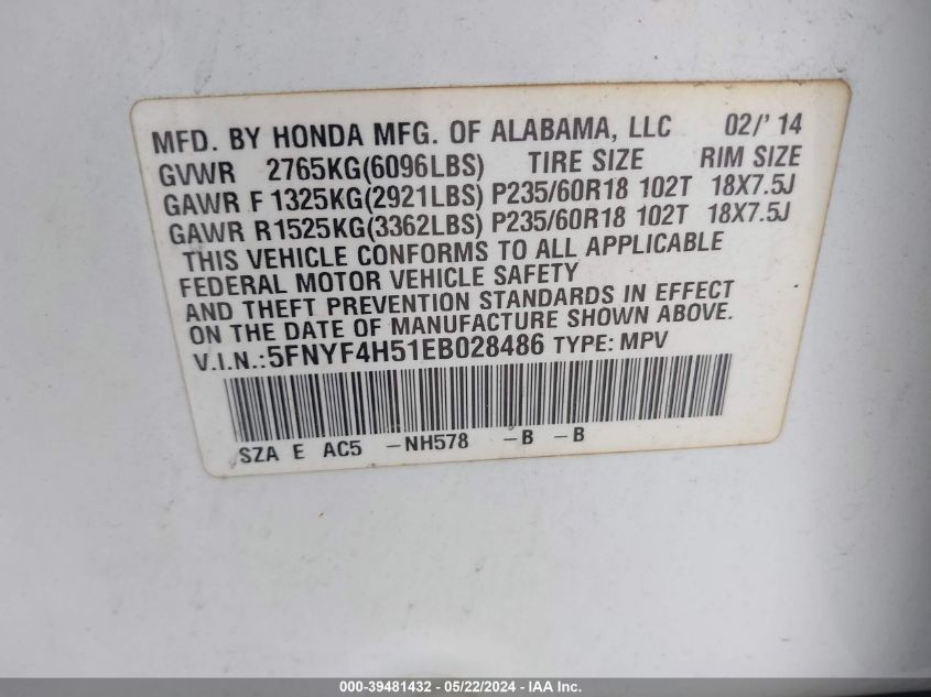 2014 Honda Pilot Ex-L VIN: 5FNYF4H51EB028486 Lot: 39481432