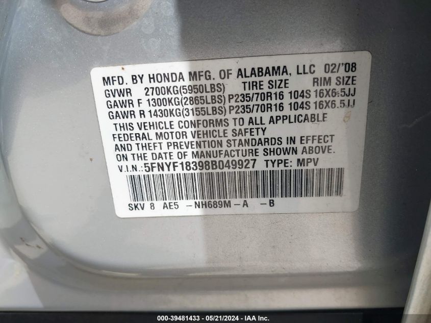 2008 Honda Pilot Se VIN: 5FNYF18398B049927 Lot: 39481433