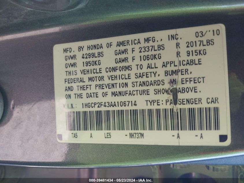 2010 Honda Accord 2.4 Lx-P VIN: 1HGCP2F43AA106714 Lot: 39481434