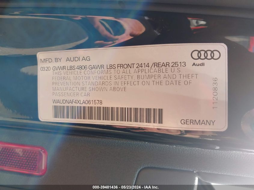 2020 Audi A4 Premium 45 Tfsi Quattro S Tronic VIN: WAUDNAF4XLA061578 Lot: 39481436