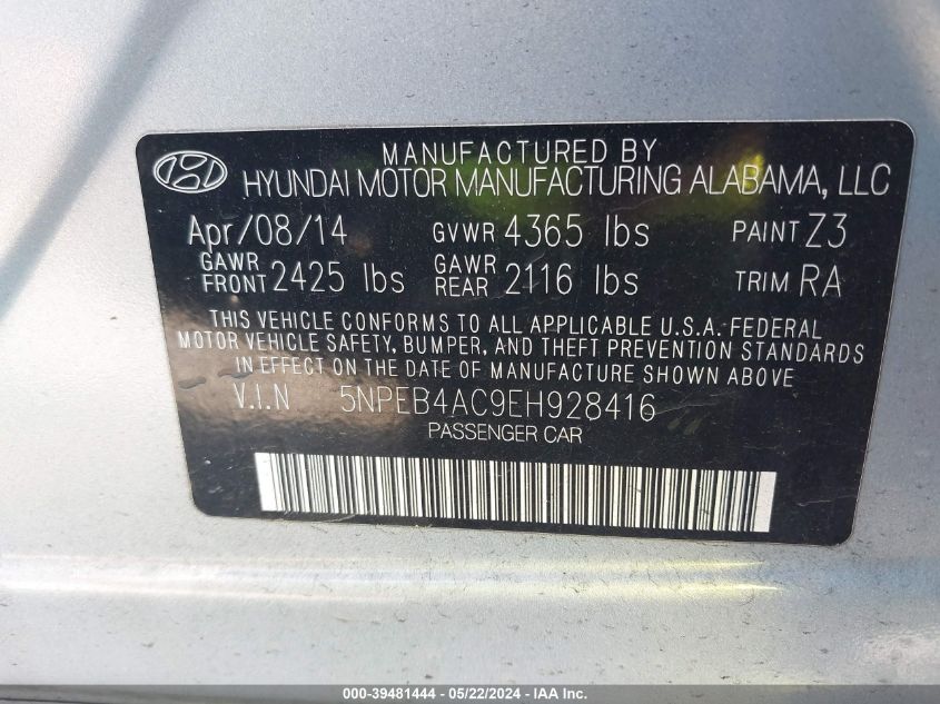 2014 HYUNDAI SONATA GLS - 5NPEB4AC9EH928416