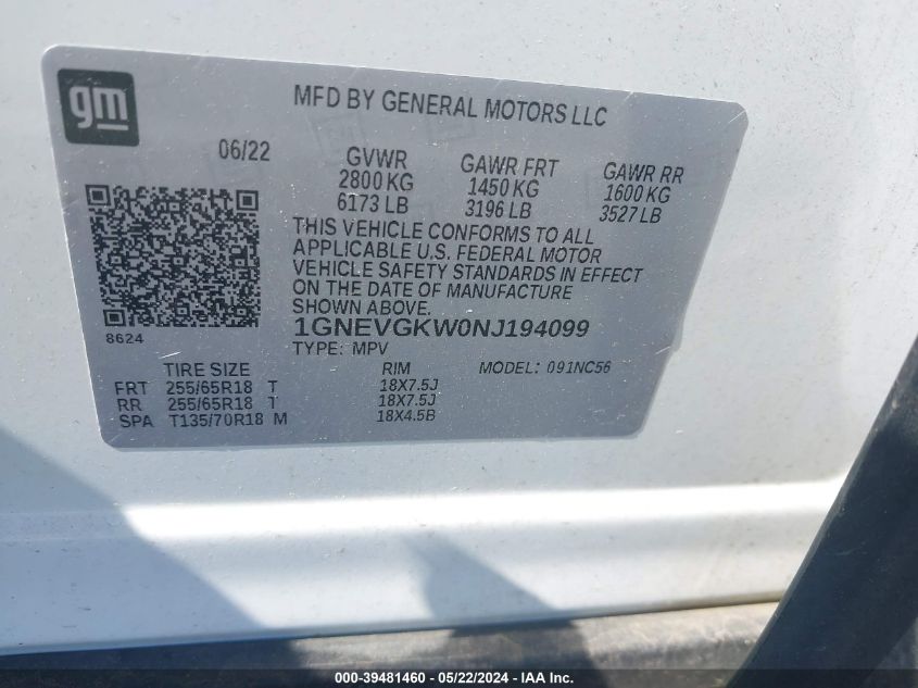 2022 Chevrolet Traverse Awd Lt Cloth VIN: 1GNEVGKW0NJ194099 Lot: 39481460