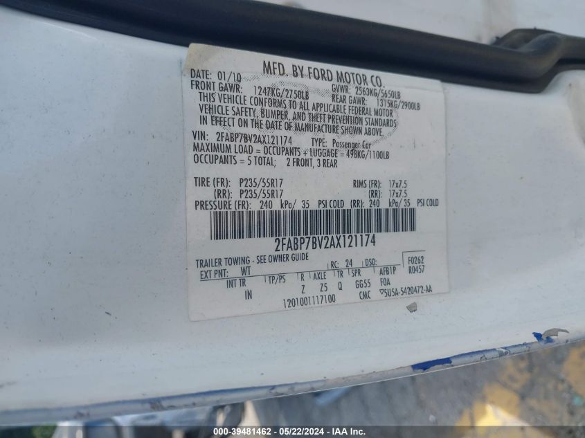 2010 Ford Crown Victoria Police/Police Interceptor VIN: 2FABP7BV2AX121174 Lot: 39481462