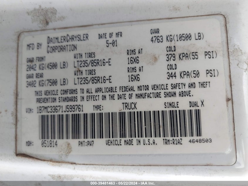 2001 Dodge Ram 3500 St VIN: 1B7MC33671J599761 Lot: 39481463