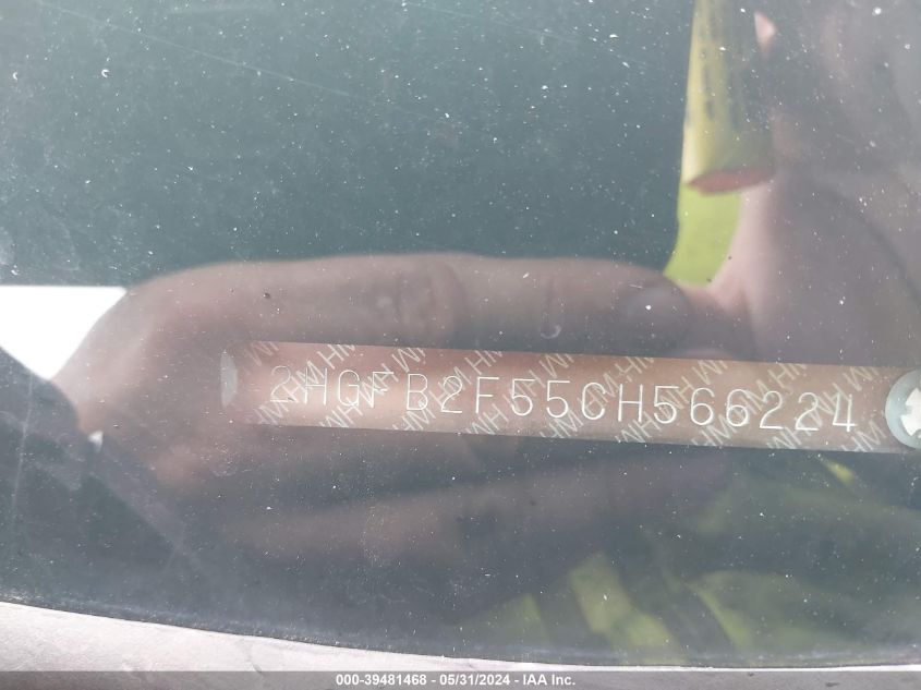 2012 Honda Civic Lx VIN: 2HGFB2F55CH566224 Lot: 39481468