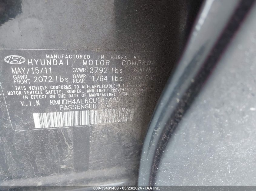 2012 Hyundai Elantra Gls (Ulsan Plant) VIN: KMHDH4AE6CU181495 Lot: 39481469