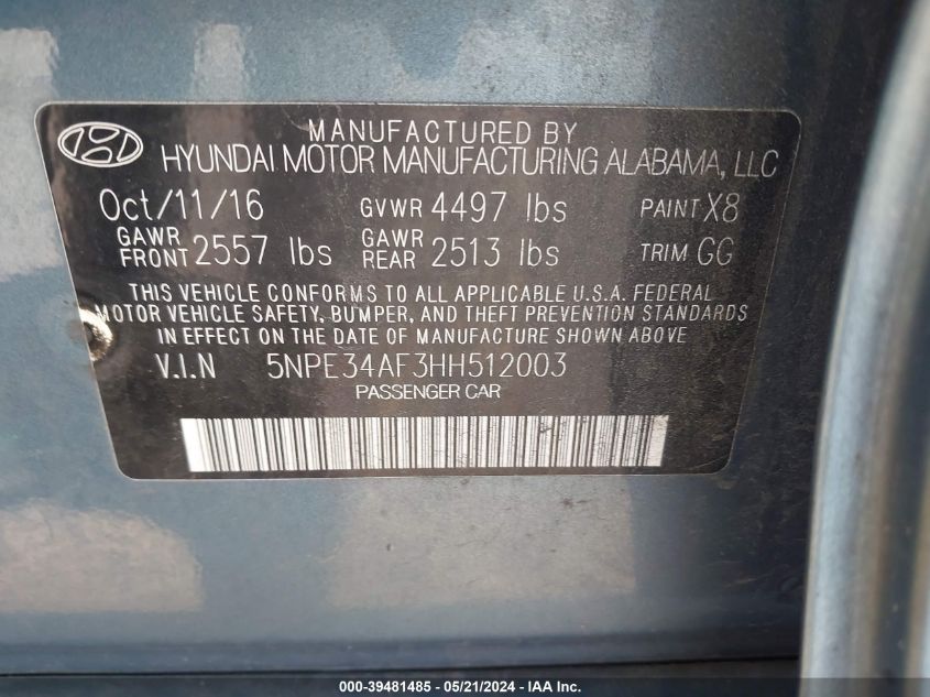 2017 Hyundai Sonata Sport VIN: 5NPE34AF3HH512003 Lot: 39481485