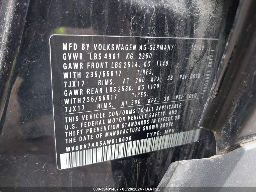 2010 Volkswagen Tiguan Wolfsburg Edition VIN: WVGBV7AX5AW516606 Lot: 39481487