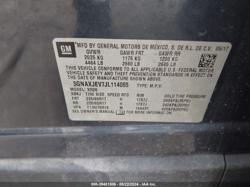 2018 Chevrolet Equinox Lt VIN: 3GNAXJEV7JL114065 Lot: 39481506