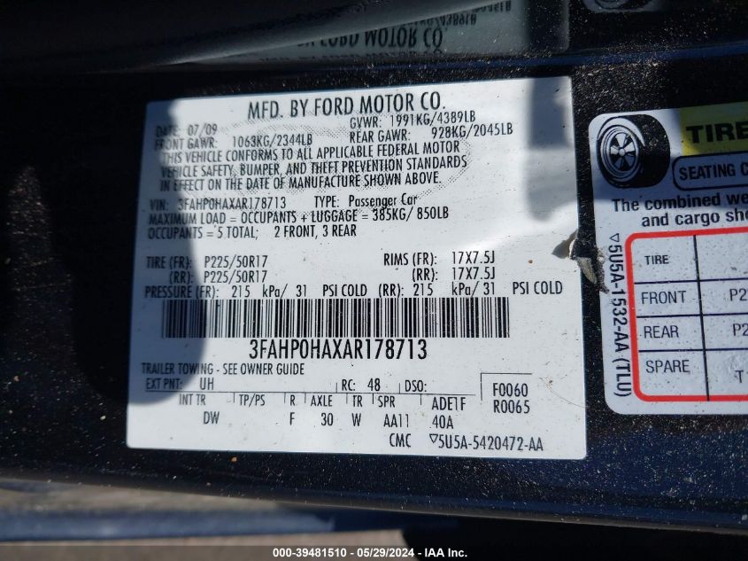 2010 Ford Fusion Se VIN: 3FAHP0HAXAR178713 Lot: 39481510