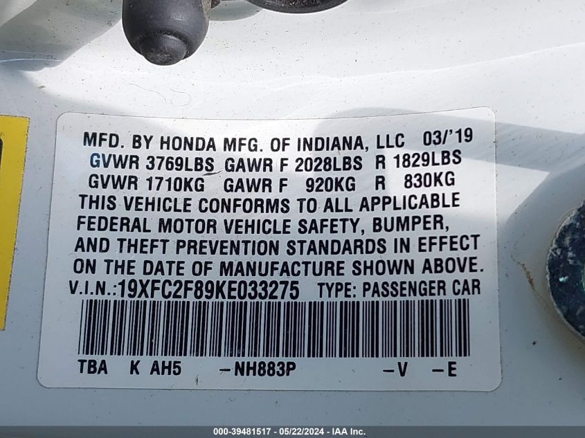 2019 Honda Civic Sport VIN: 19XFC2F89KE033275 Lot: 39481517