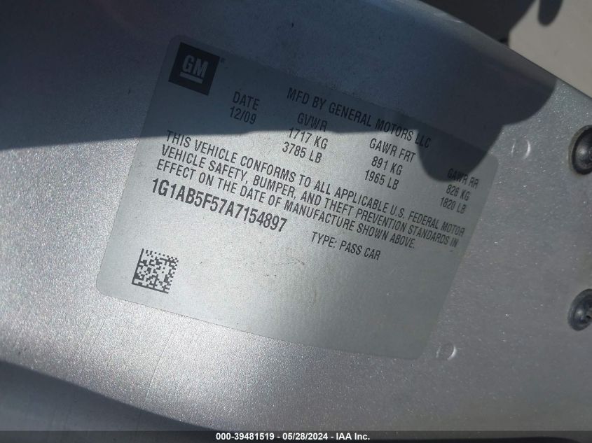 2010 Chevrolet Cobalt Ls VIN: 1G1AB5F57A7154897 Lot: 39481519