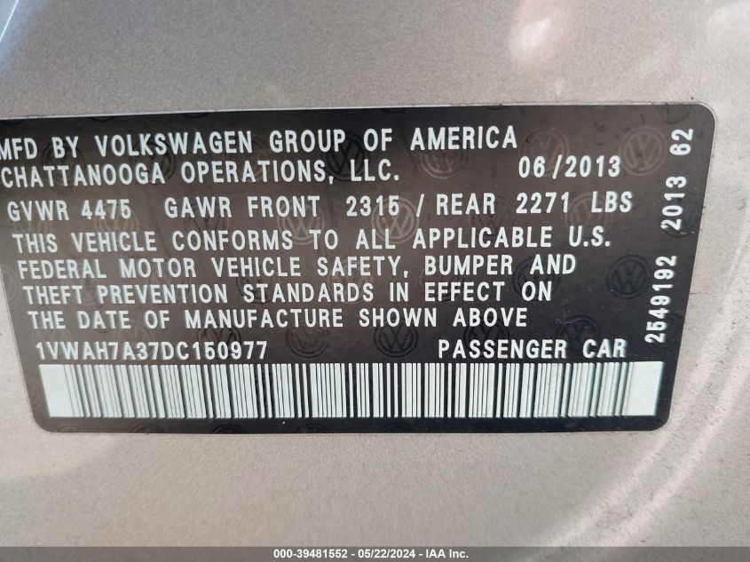 2013 Volkswagen Passat 2.5L S/2.5L Wolfsburg Edition VIN: 1VWAH7A37DC150977 Lot: 39481552