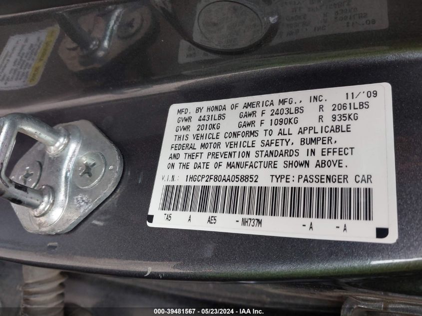 2010 Honda Accord 2.4 Ex-L VIN: 1HGCP2F80AA058852 Lot: 39481567