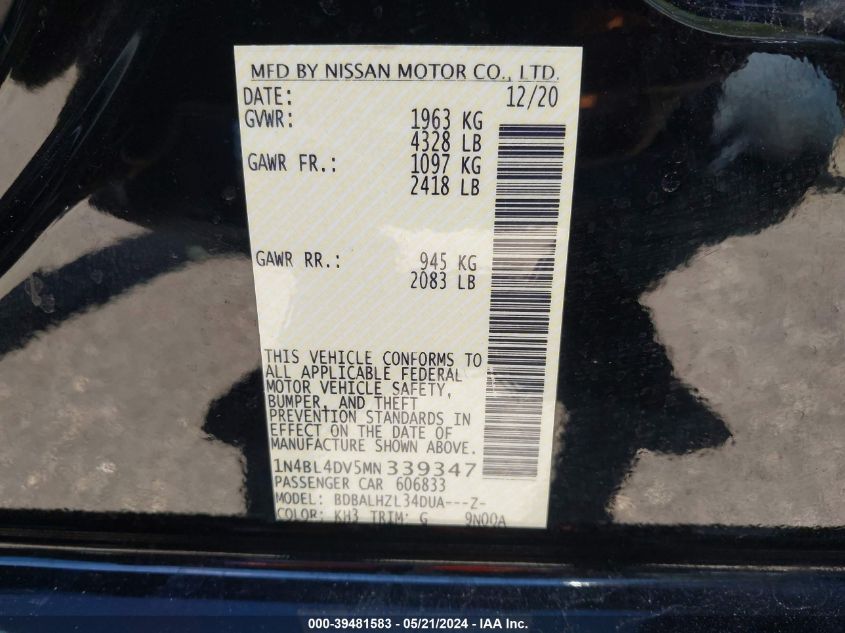 2021 Nissan Altima Sv Fwd VIN: 1N4BL4DV5MN339347 Lot: 39481583