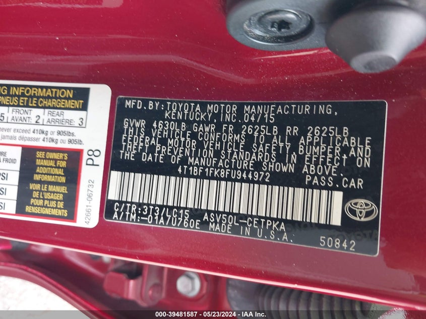 2015 Toyota Camry Xse VIN: 4T1BF1FK8FU944972 Lot: 39481587