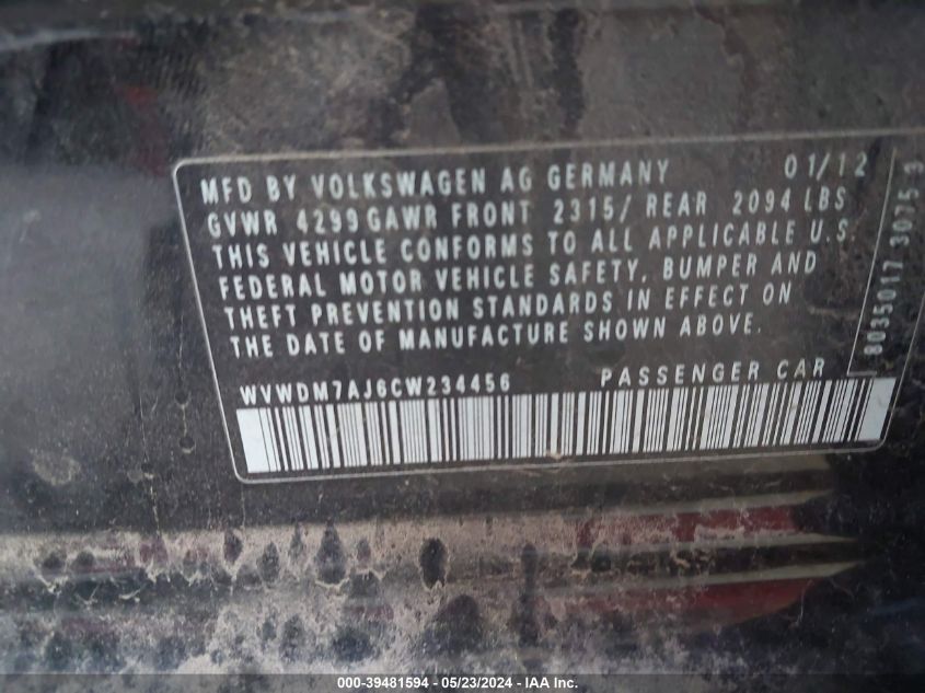 2012 Volkswagen Golf Tdi 4-Door VIN: WVWDM7AJ6CW234456 Lot: 39481594
