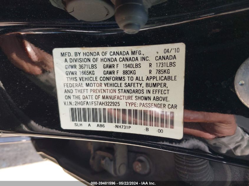 2010 Honda Civic Lx VIN: 2HGFA1F57AH322925 Lot: 39481596