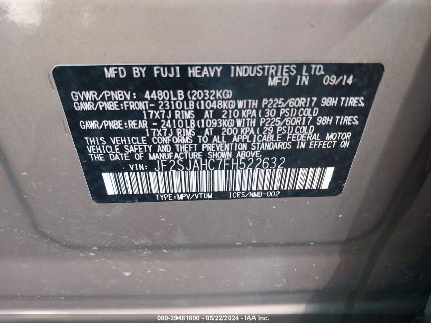 2015 Subaru Forester 2.5I Limited VIN: JF2SJAHC7FH522632 Lot: 39481600