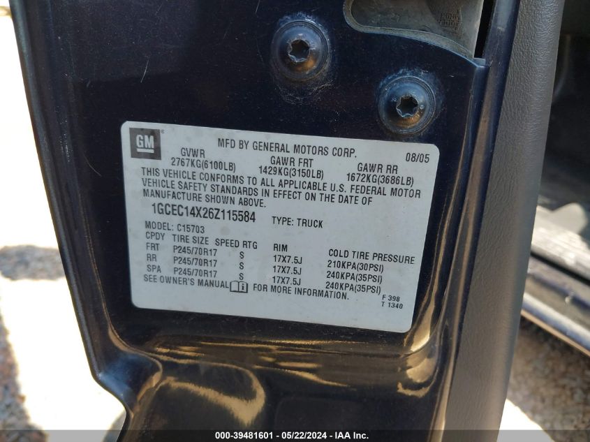 2006 Chevrolet Silverado 1500 Ls VIN: 1GCEC14X26Z115584 Lot: 39481601