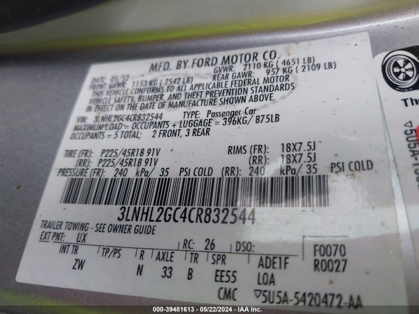 2012 Lincoln Mkz VIN: 3LNHL2GC4CR832544 Lot: 39481613