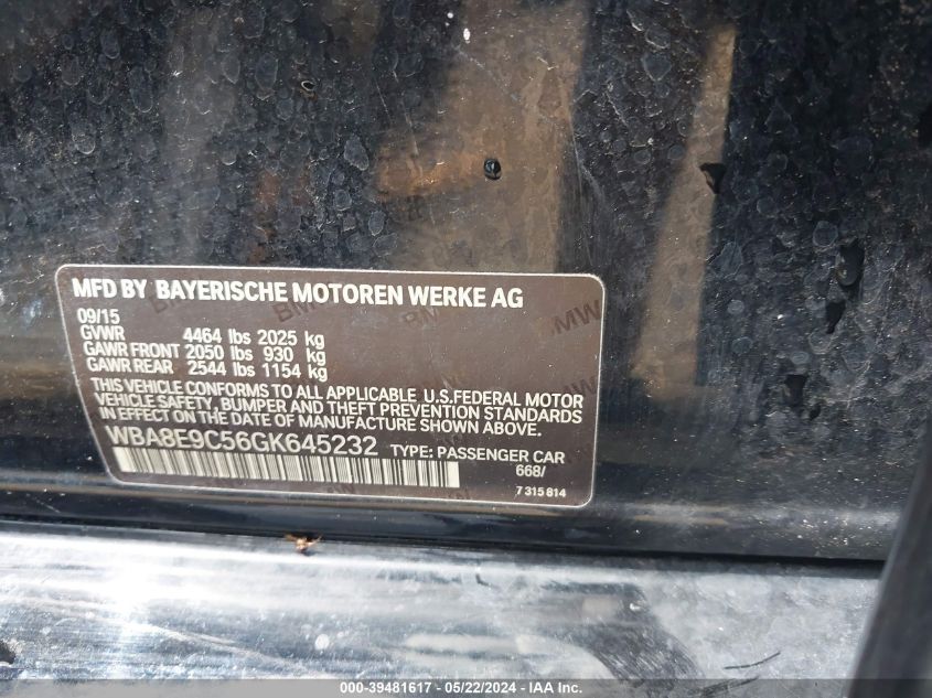 2016 BMW 328I VIN: WBA8E9C56GK645232 Lot: 39481617