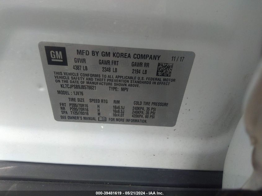 2018 Chevrolet Trax Lt VIN: KL7CJPSB9JB578621 Lot: 39481619