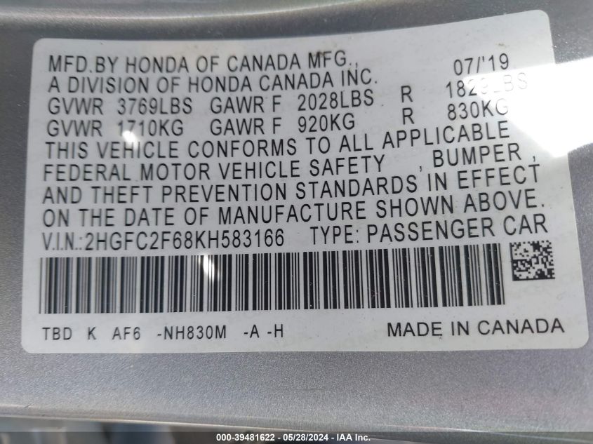 2019 Honda Civic Lx VIN: 2HGFC2F68KH583166 Lot: 39481622