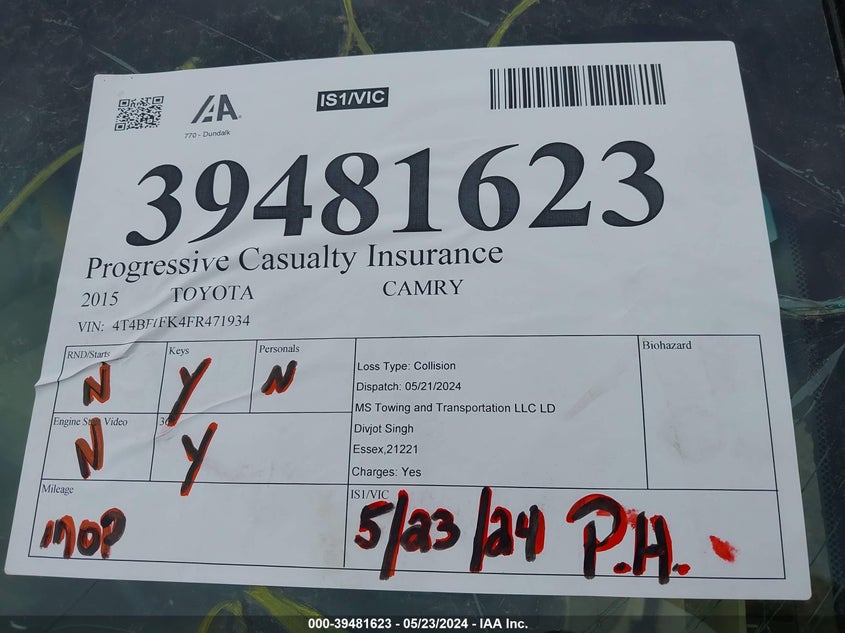 2015 Toyota Camry Le VIN: 4T4BF1FK4FR471934 Lot: 39481623