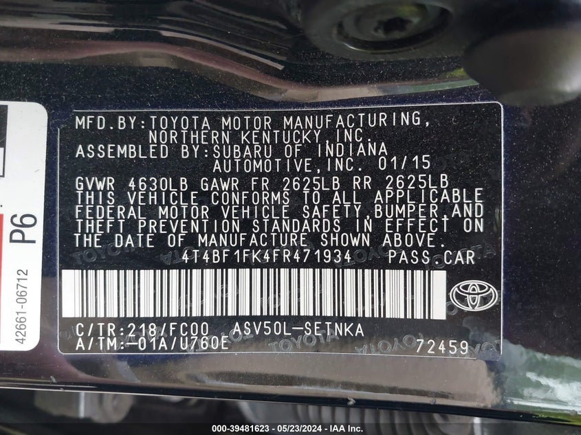 2015 Toyota Camry Le VIN: 4T4BF1FK4FR471934 Lot: 39481623