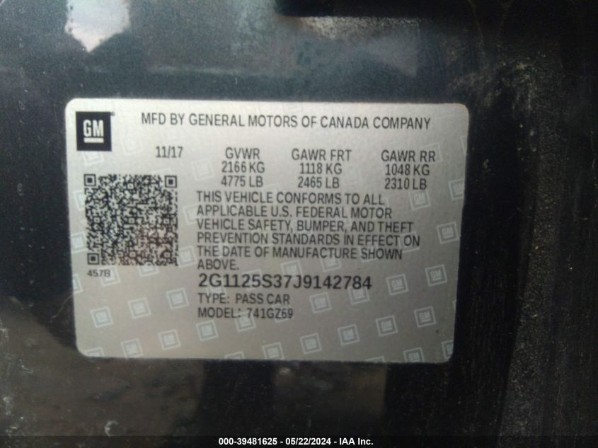 2018 Chevrolet Impala 2Lz VIN: 2G1125S37J9142784 Lot: 39481625