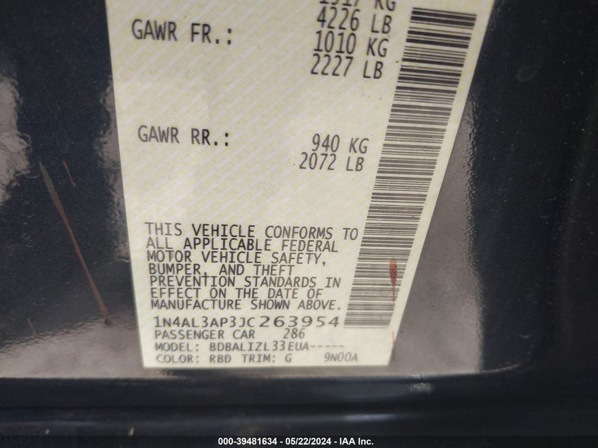 2018 Nissan Altima 2.5 Sv VIN: 1N4AL3AP3JC263954 Lot: 39481634