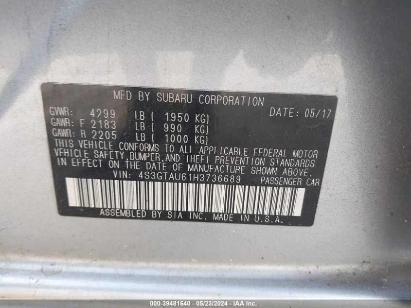2017 Subaru Impreza 2.0I Limited VIN: 4S3GTAU61H3736689 Lot: 39481640