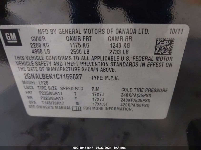 2012 Chevrolet Equinox Ls VIN: 2GNALBEK1C1166027 Lot: 39481647