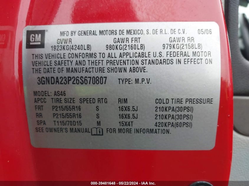 2006 Chevrolet Hhr Lt VIN: 3GNDA23P26S670807 Lot: 39481648