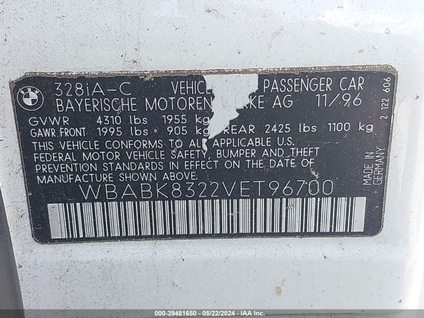 1997 BMW 328Ic VIN: WBABK8322VET96700 Lot: 39481650
