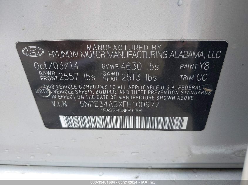 2015 Hyundai Sonata Sport 2.0T VIN: 5NPE34ABXFH100977 Lot: 39481684