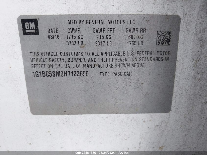 2017 Chevrolet Cruze Ls Auto VIN: 1G1BC5SM0H7122690 Lot: 39481686