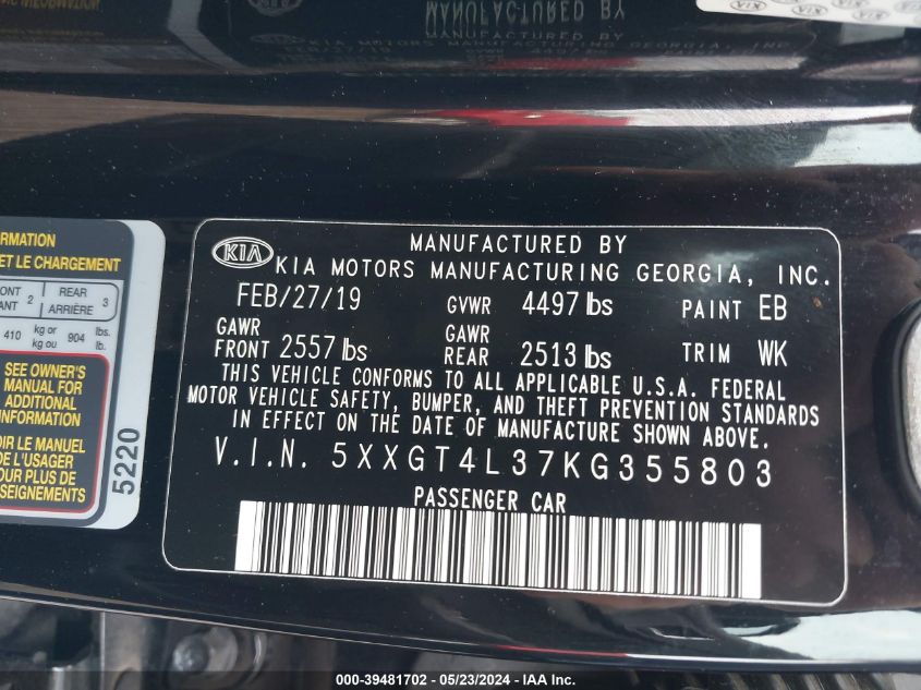 2019 Kia Optima Lx VIN: 5XXGT4L37KG355803 Lot: 39481702