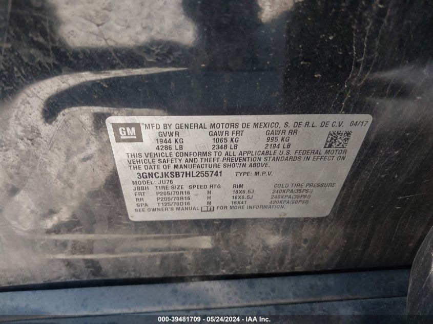 2017 Chevrolet Trax Ls VIN: 3GNCJKSB7HL255741 Lot: 39481709