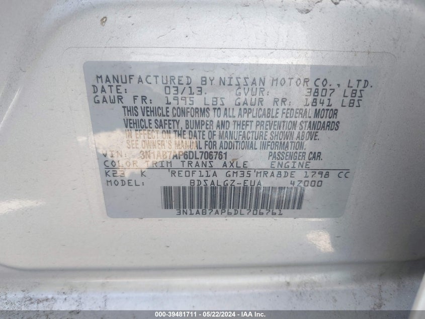 2013 Nissan Sentra Sl VIN: 3N1AB7AP6DL706761 Lot: 39481711