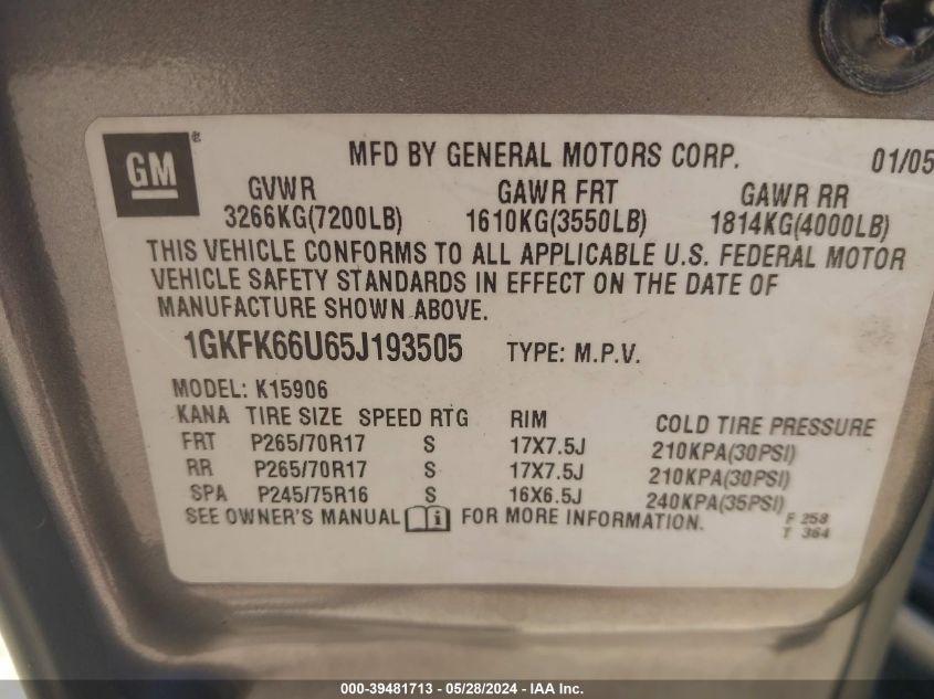 1GKFK66U65J193505 2005 GMC Yukon Xl 1500 Denali