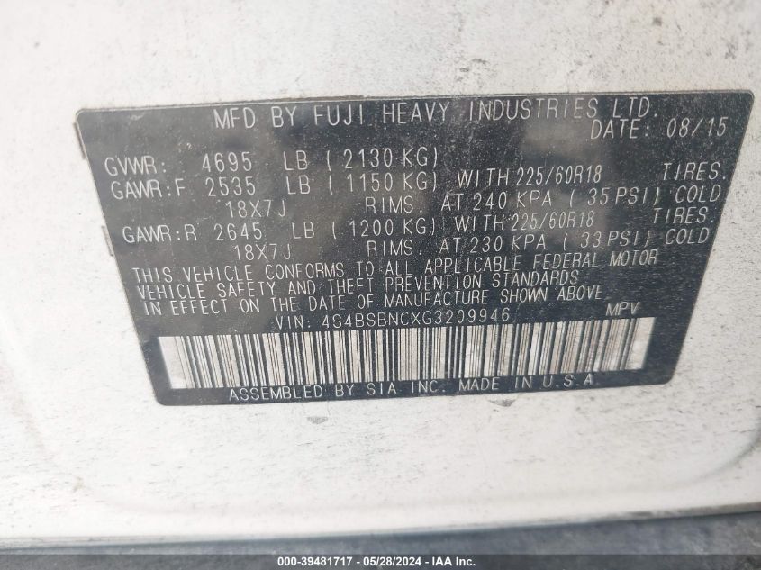 2016 Subaru Outback 2.5I Limited VIN: 4S4BSBNCXG3209946 Lot: 39481717