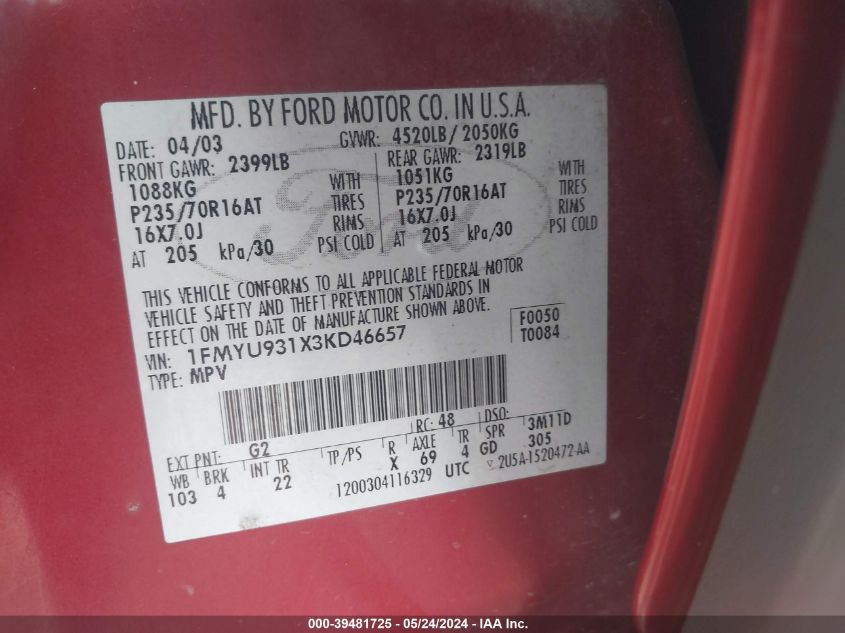 2003 Ford Escape Xlt VIN: 1FMYU931X3KD46657 Lot: 39481725