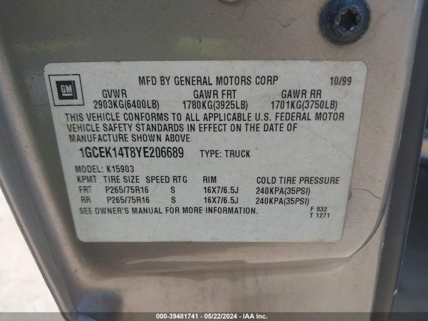 2000 Chevrolet Silverado 1500 Ls VIN: 1GCEK14T8YE206689 Lot: 39481741