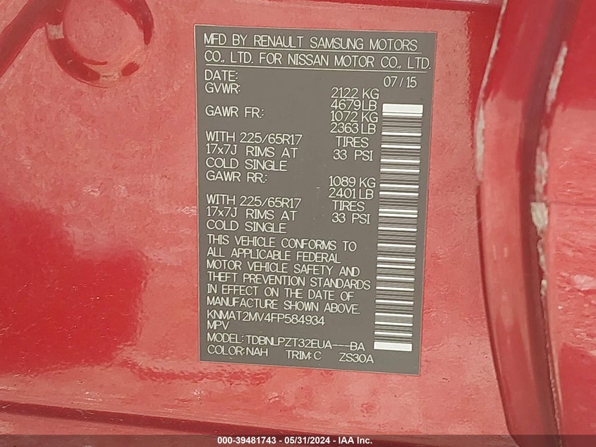 2015 Nissan Rogue S VIN: KNMAT2MV4FP584934 Lot: 39481743