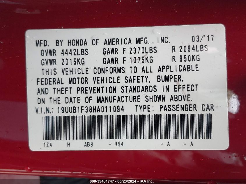 2017 Acura Tlx VIN: 19UUB1F38HA011094 Lot: 39481747