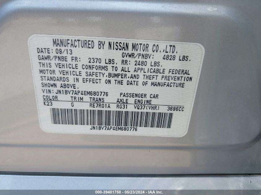 2014 Infiniti Q50 Sport VIN: JN1BV7AP4EM680776 Lot: 39481758