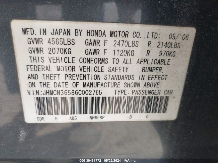 2006 Honda Accord Hybrid VIN: JHMCN36586C002765 Lot: 39481772